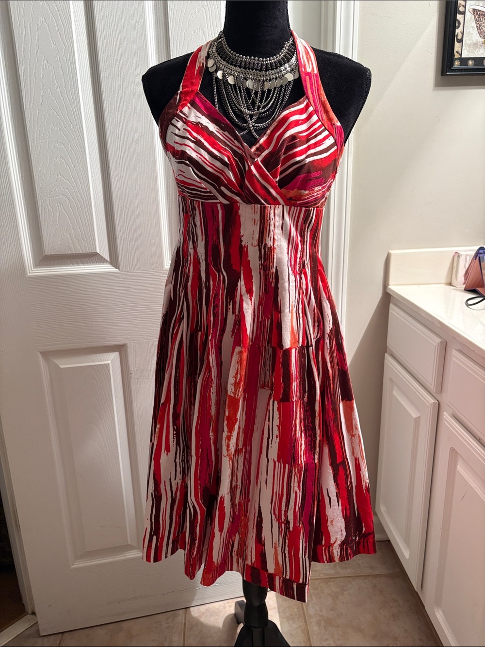 Calvin Klein Red and White Halter A-Line Dress